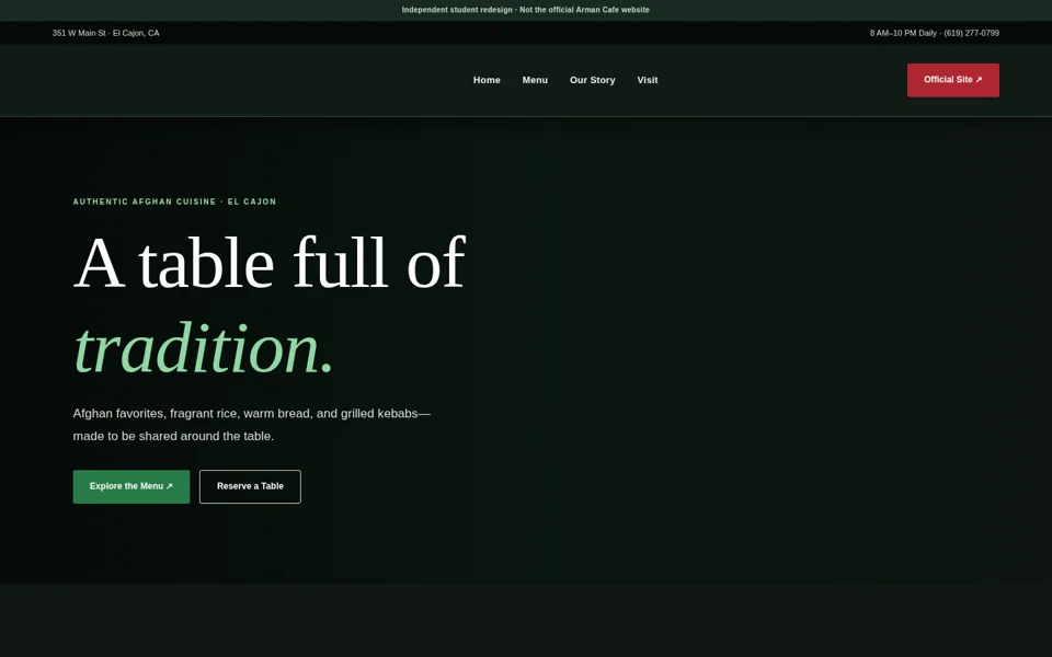 Homepage screenshot of the Arman Cafe portfolio website