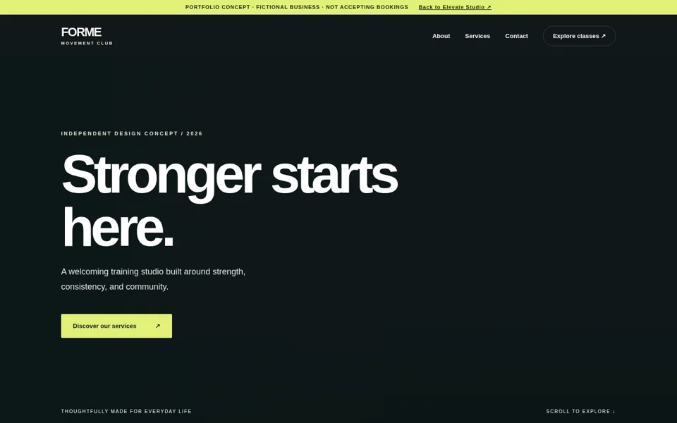 Homepage screenshot of the Forme Movement Club portfolio website