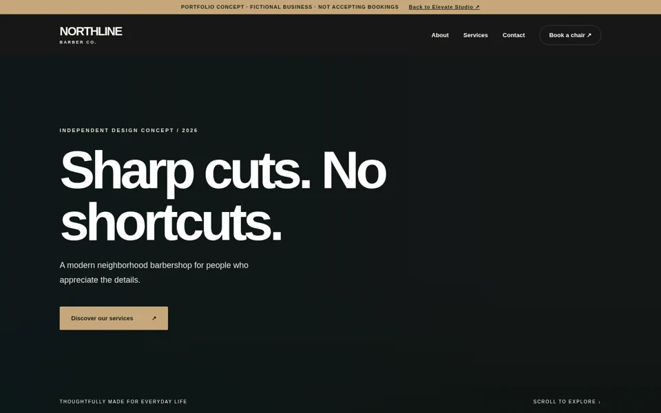 Homepage screenshot of the Northline Barber Co. portfolio website