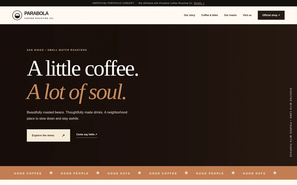 Homepage screenshot of the Parabola Coffee portfolio website